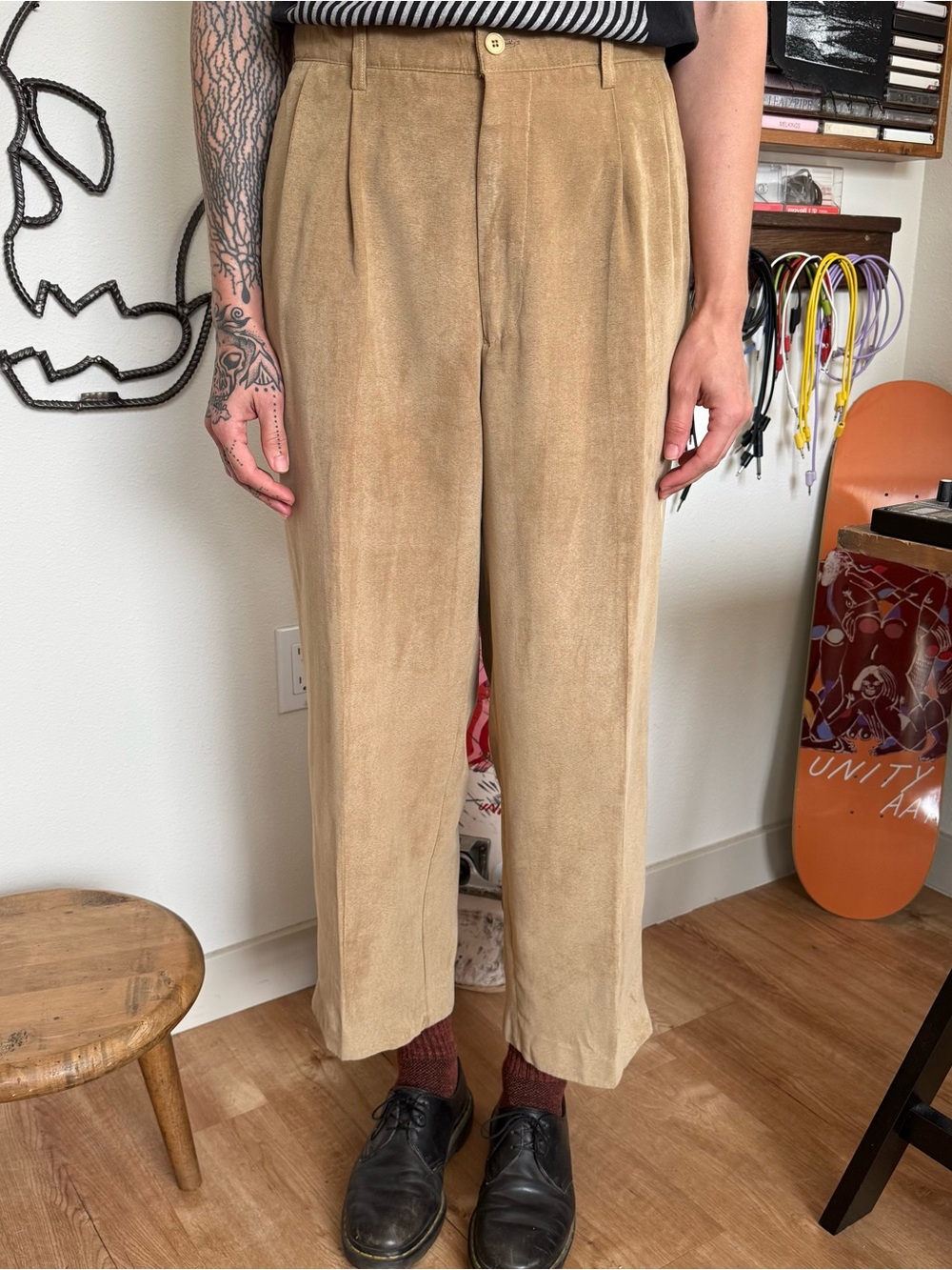 Vintage 80s Camel Tan Faux Suede High Waisted Pleated Trousers ~ 30 x 26.5